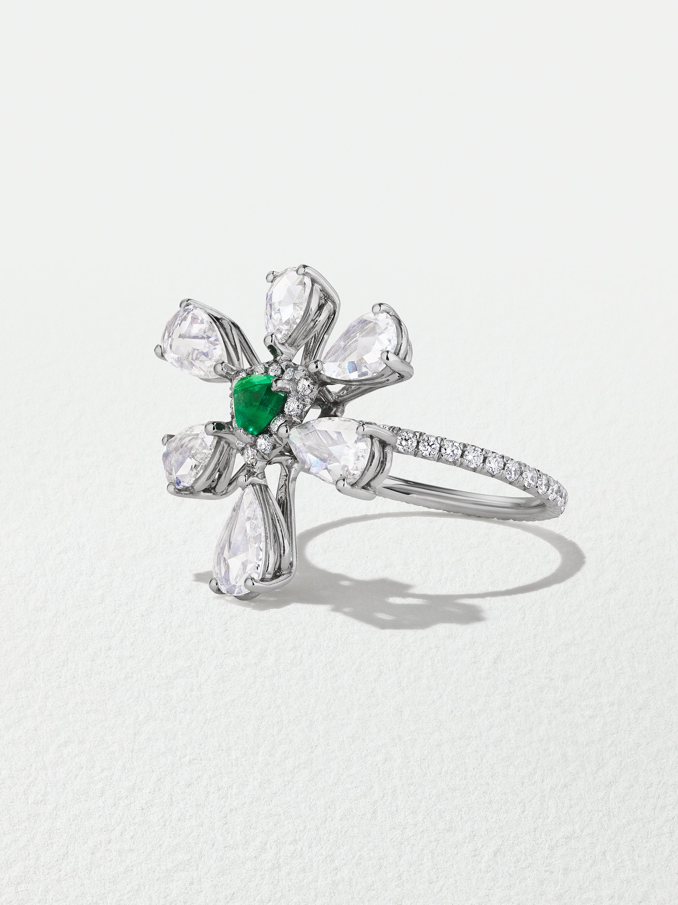 18K White Gold Diamond Rosecut and Emerald Trillion Center Flower Ring
