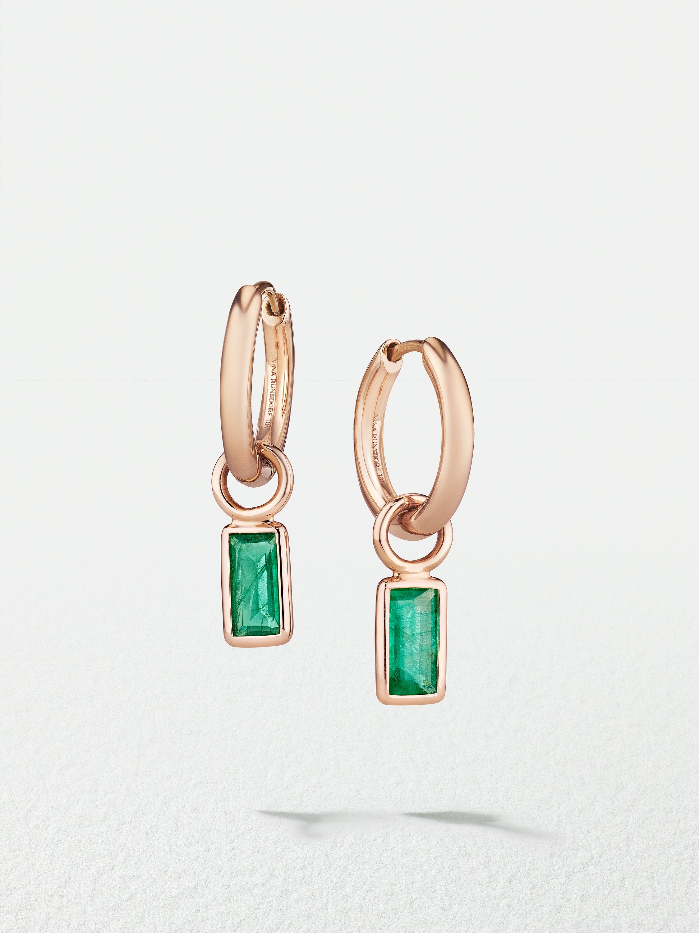18K Rose Gold Huggies with Emerald Baguette Charms