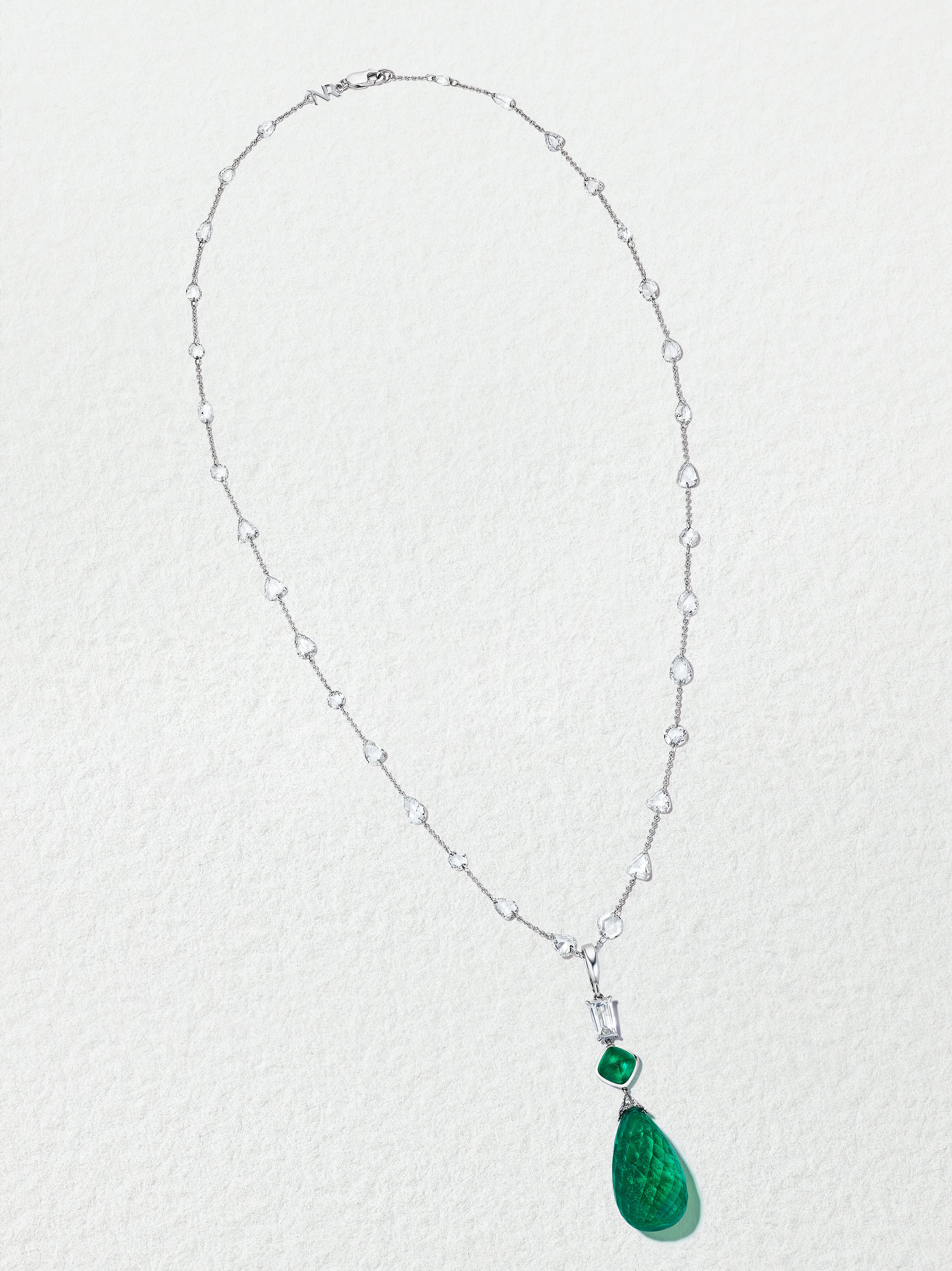 Platinum Muzo Emerald and Emerald Briolette Pendant on Mixshape Diamond Chain