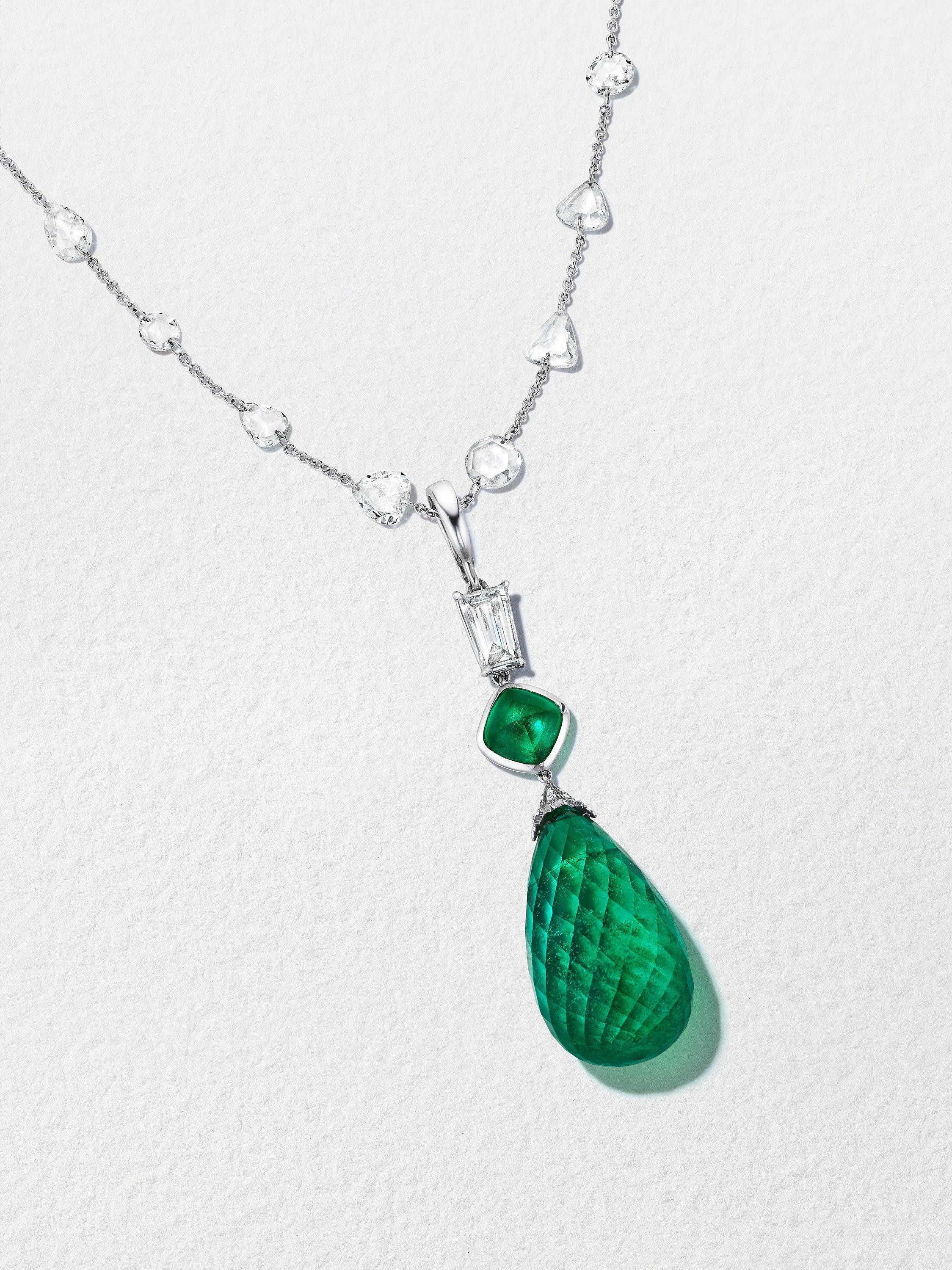 Platinum Muzo Emerald and Emerald Briolette Pendant on Mixshape Diamond Chain