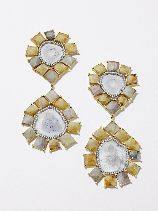 18K White Gold Slice Diamond and Multi-Color Rough Diamond Earrings