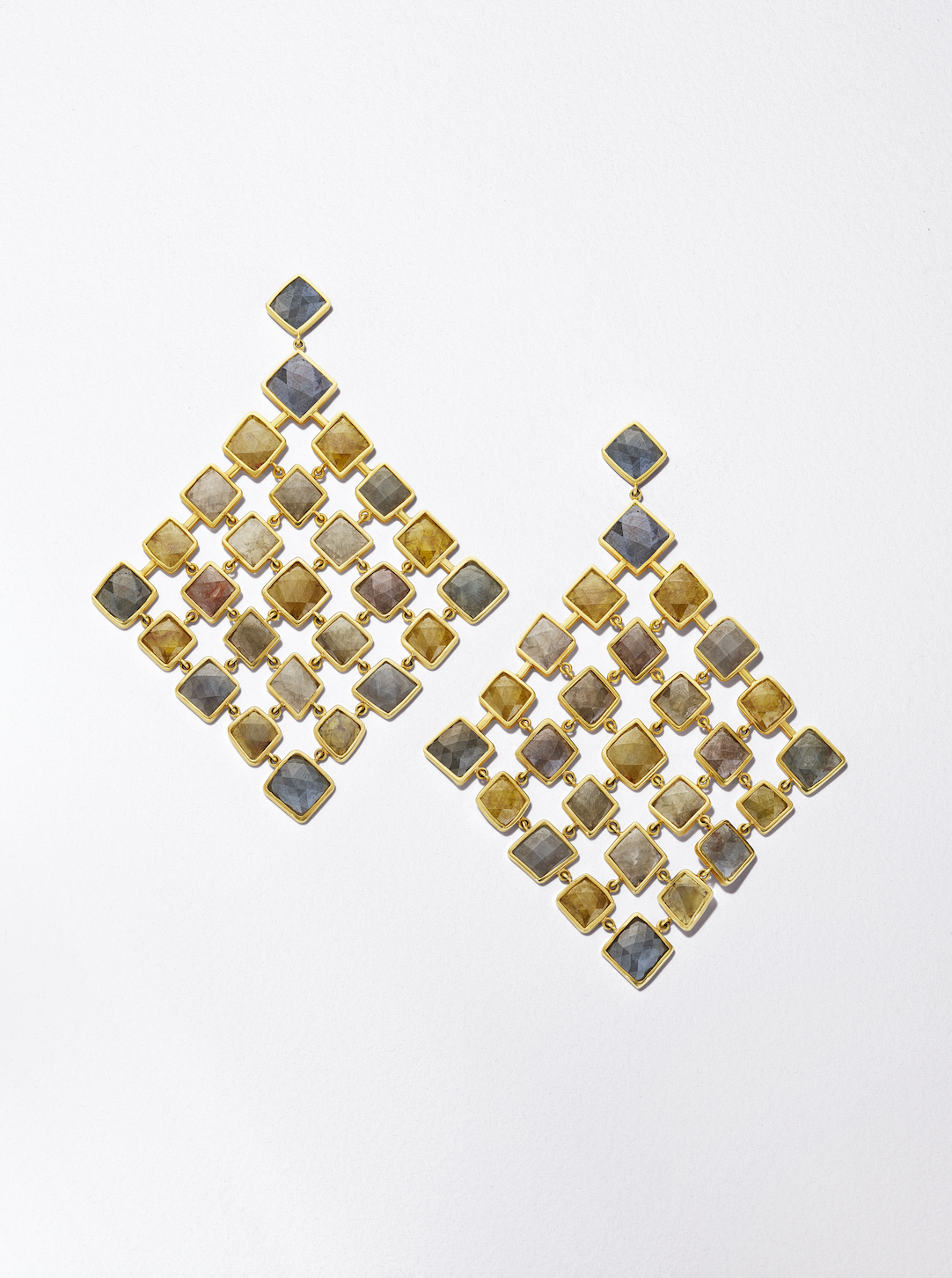 18K Yellow Gold Multi-Color Rough Diamond Fan Earrings