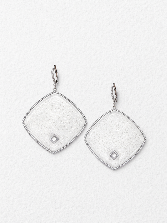 18K White Gold Carved Icy Jade Earrings with Pave Diamonds