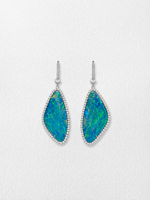 18K White Gold Australian Blue Opal Earrings with Pave Diamonds