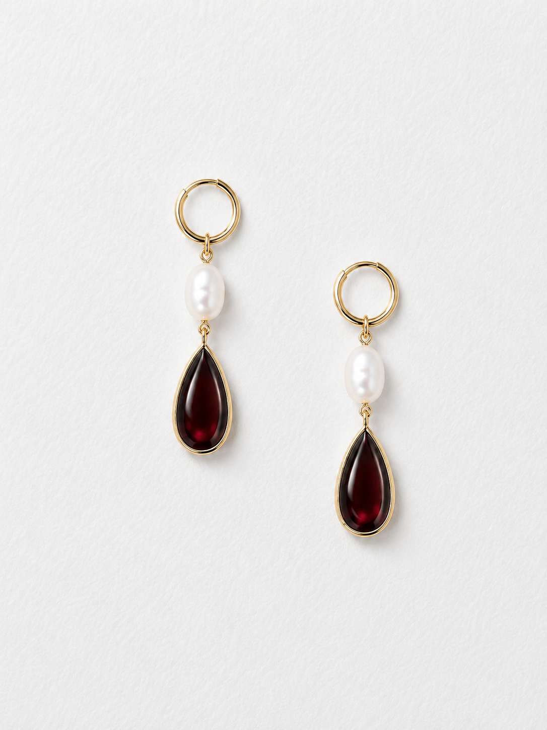 18K Yellow Gold Freshwater Pearl and Garnet Pearshape Dangle Earrings
