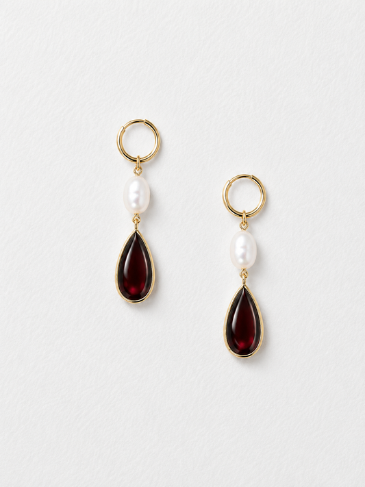 18K Yellow Gold Freshwater Pearl and Garnet Pearshape Dangle Earrings