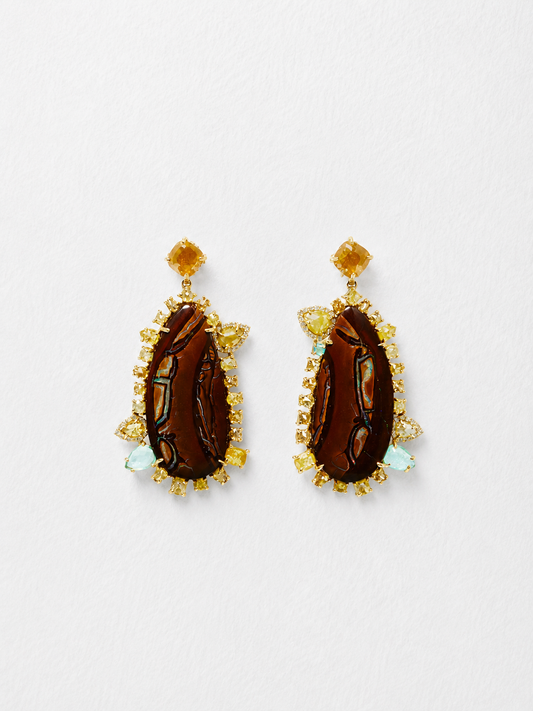 18K Yellow Gold Yahweh Opal Earrings with Paraiba