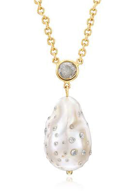 18K Yellow Gold Baroque Pearl and Rough Diamond Necklace