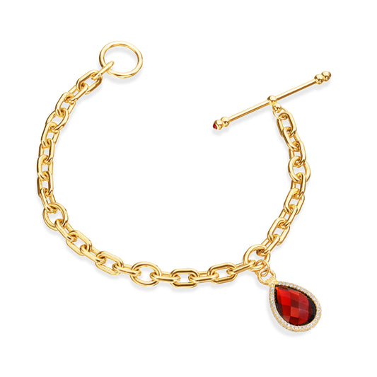 18K Yellow Gold Large Garnet Flip Charm Bracelet with 0.53ct Pavé Diamonds