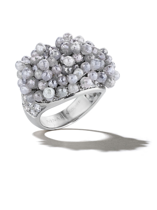 18K White Gold 20.93ct Grey Diamond Briolette Fringe Ring with Pavé Diamonds