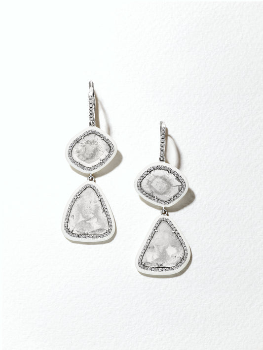 18K White Gold Slice Diamond and White Enamel Earrings with Pavé Diamonds