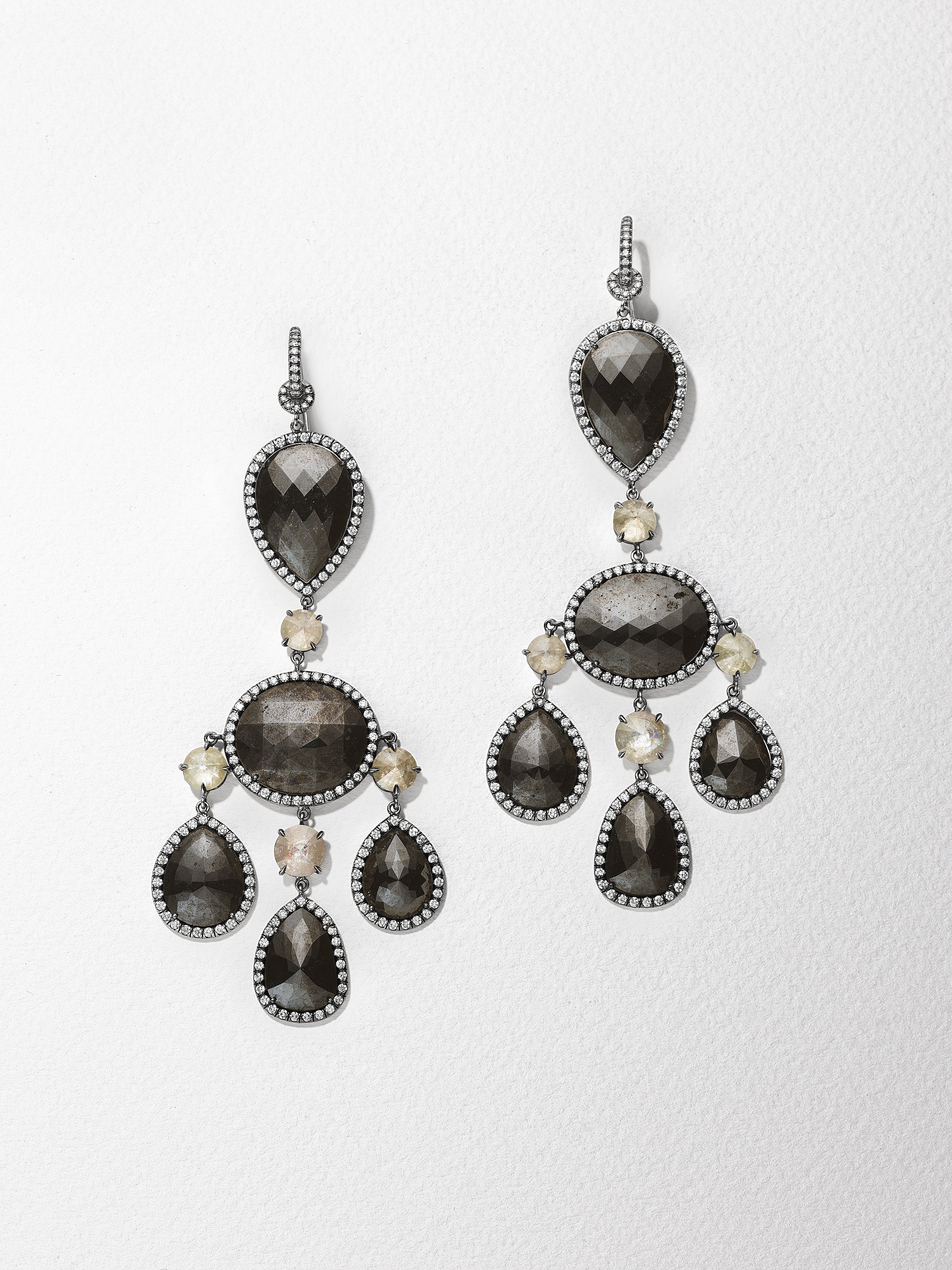 18K White Gold 49.0ct Black Diamond 7.48ct Icy Diamond Chandelier Earrings with 2.38cts Pavé Diamonds