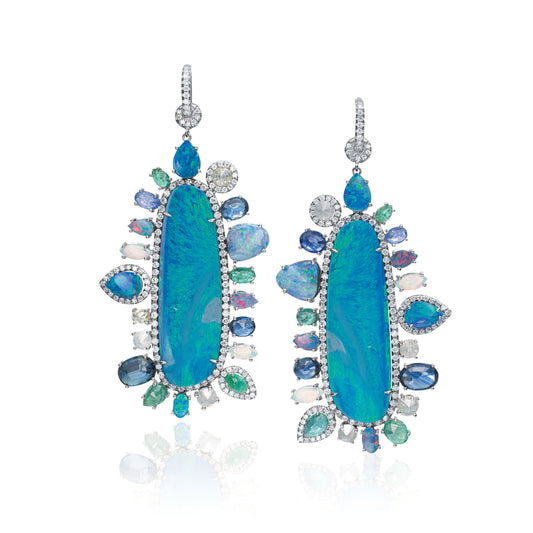 18K WG 12.92cts Australian Opal Earrings with 3.21cts Blue Sapphires, 0.66cts Opals, 0.83cts Icy Diamonds and 0.95cts Pave Diamonds
