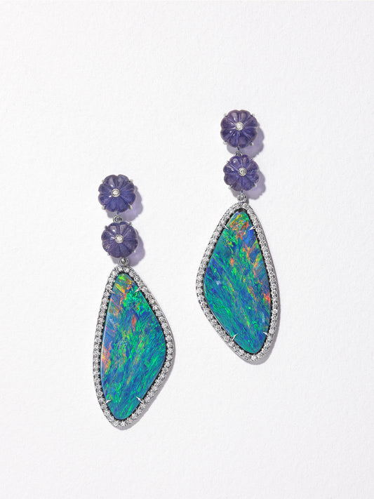 18K White Gold Australian Opal and Iolite Carved Bead Earrings with Pavé Diamonds