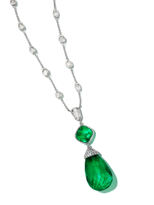 18K White Gold 0.61ct Diamond Bullet, 2.78ct Muzo Sugarloaf Emerald, and 25.17ct Emerald Briolette Pendant