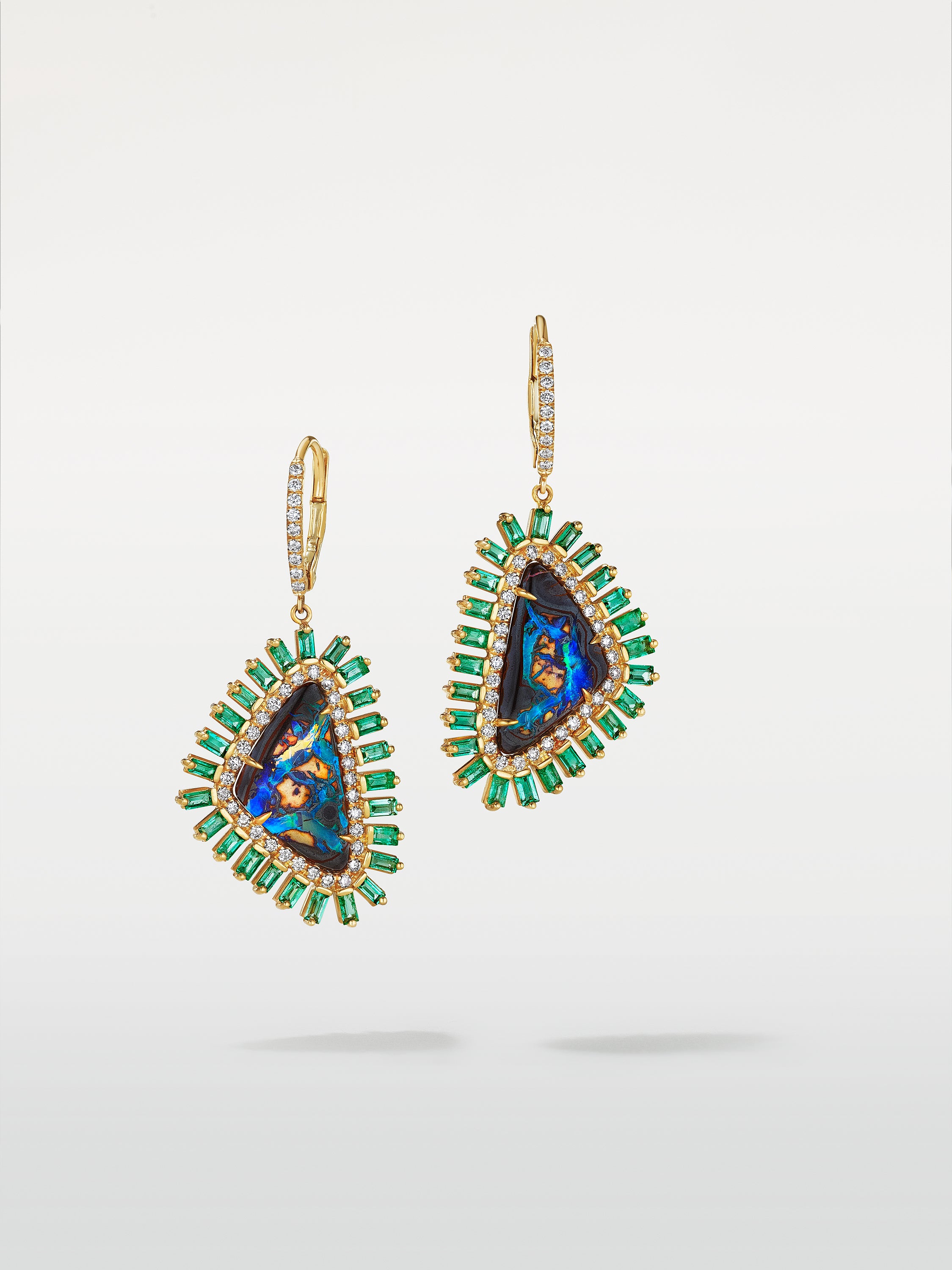 18K Yellow Gold Yahweh Opal and Emerald Baguette Earrings with Pavé Diamonds