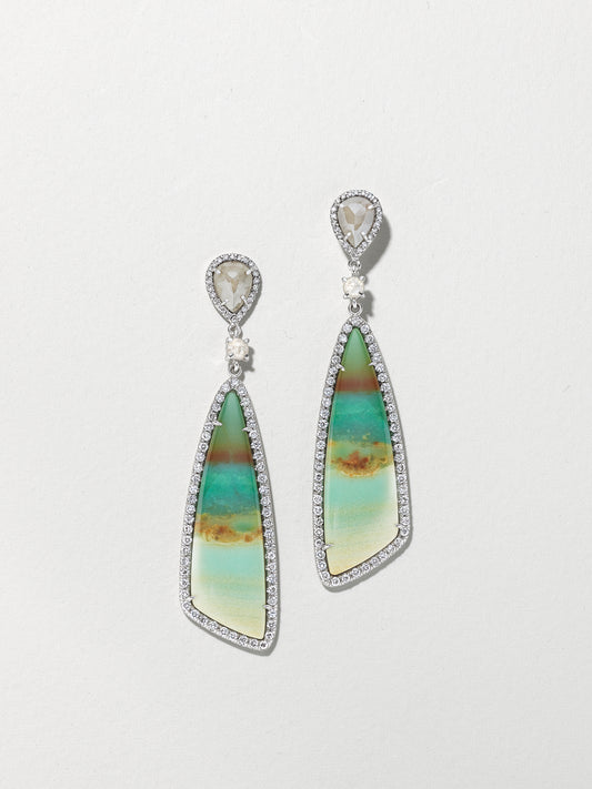18K White Gold Tree Opal Earrings featuring Pearshape Diamonds, Brilliant Diamonds, and Pavé Diamonds