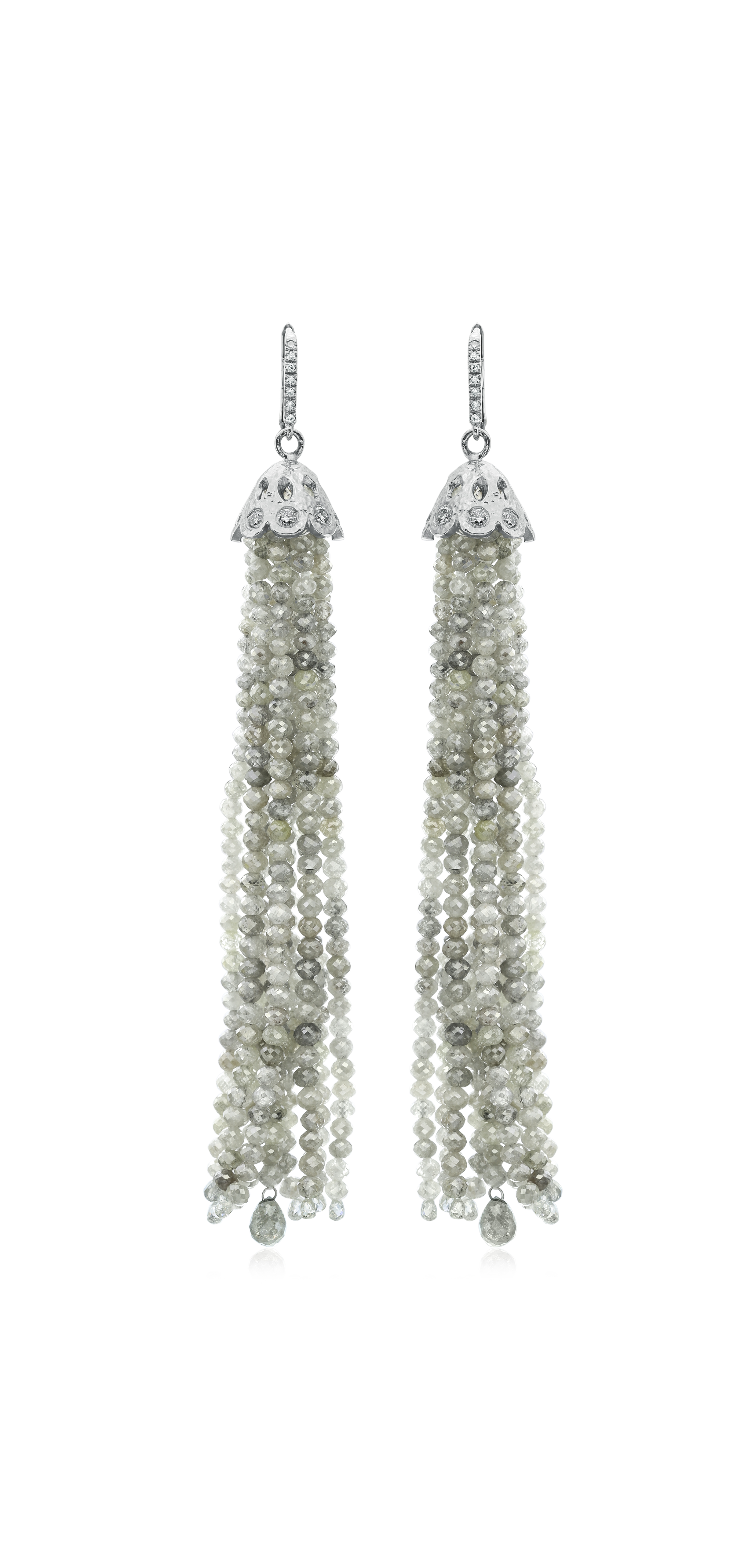18K White Gold Rough Diamond Bead Tassel Earrings with White Diamond Briolettes and Pavé Diamonds