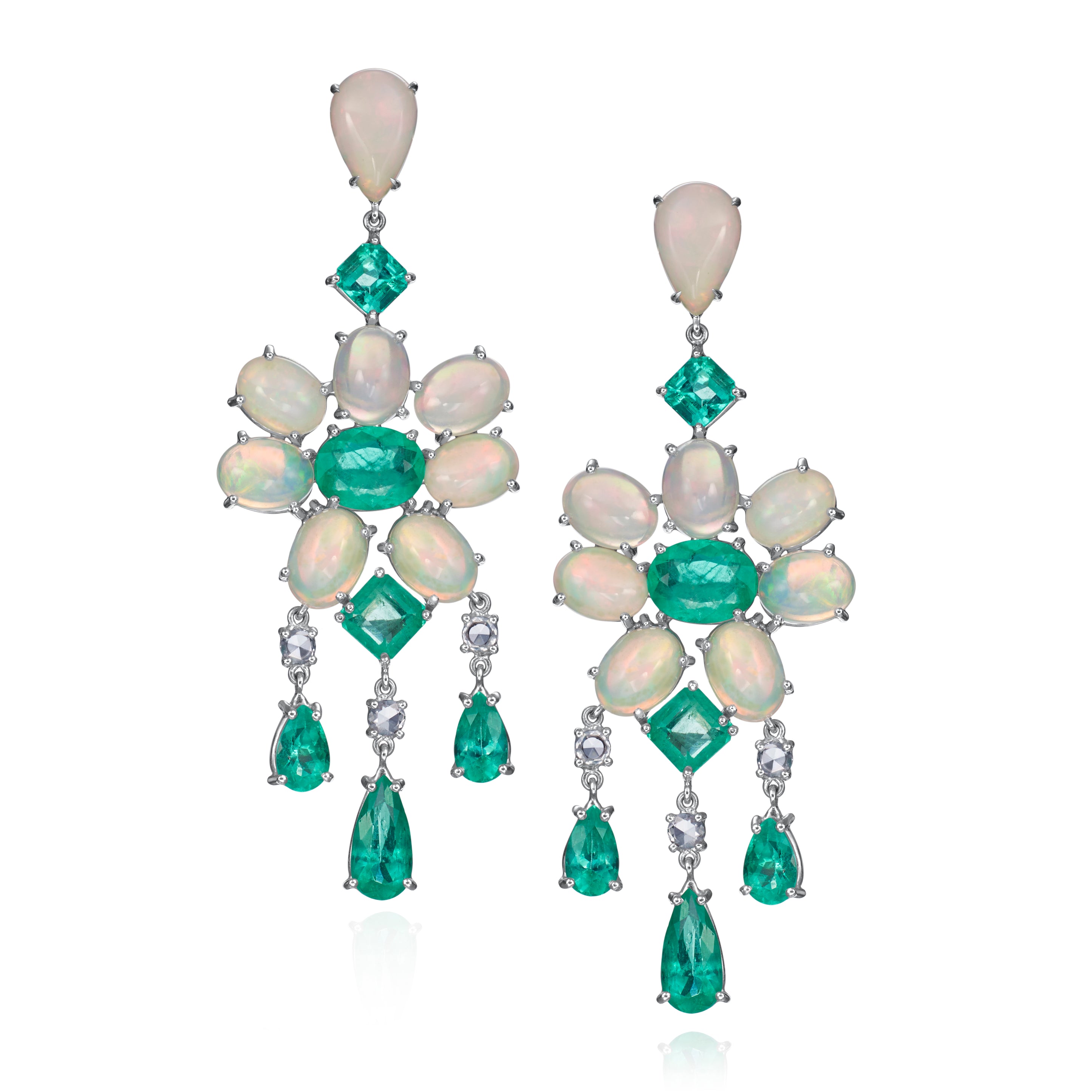 18K White Gold Light Emerald, Opal, and Rosecut Diamond Chandelier Earrings