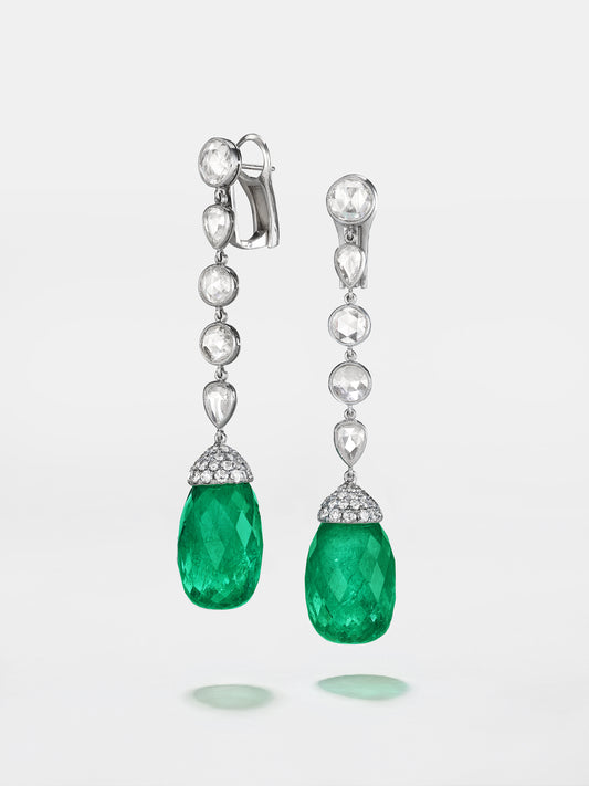 18K White Gold Emerald Briolette Earrings with Pearshape and Round Rosecut Diamonds