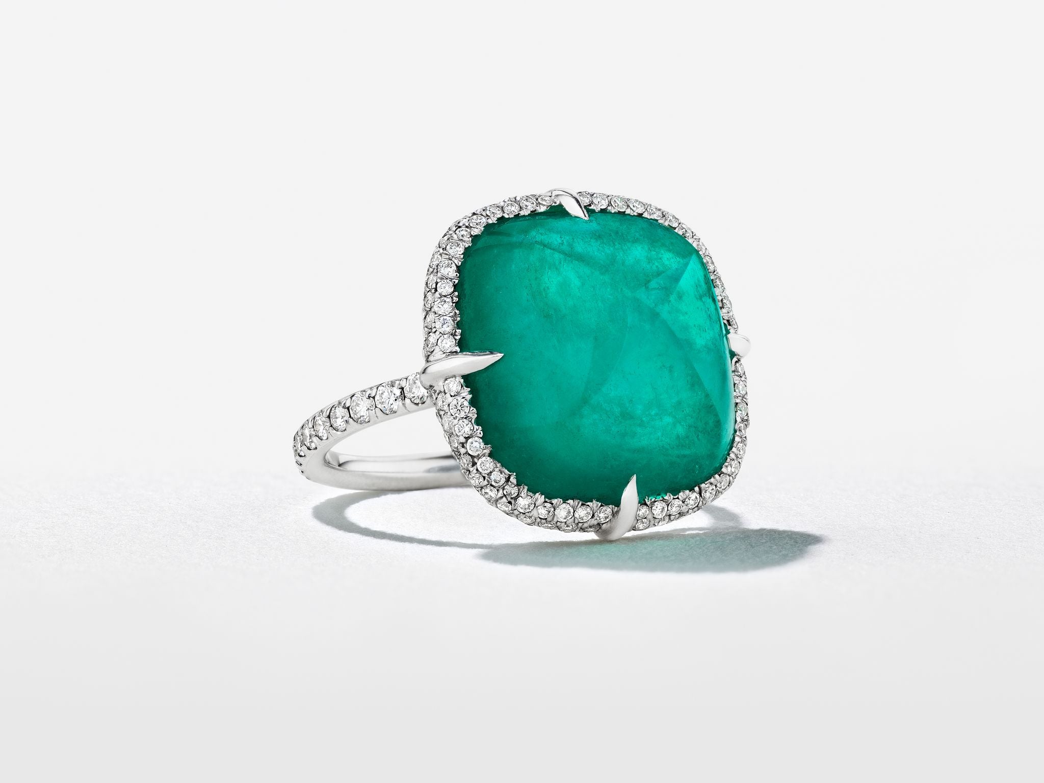 18K White Gold Sugarloaf Muzo Emerald and Diamond Ring