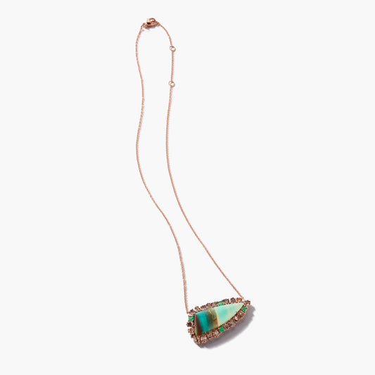 18K Rose Gold Mixshape Brown Diamonds, Square Emeralds, and Tree Opal Necklace