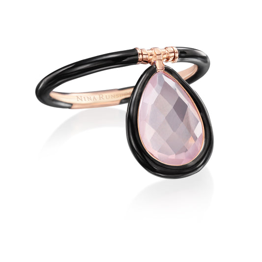 18K Rose Gold Rose Quartz Flip Ring in Black Enamel