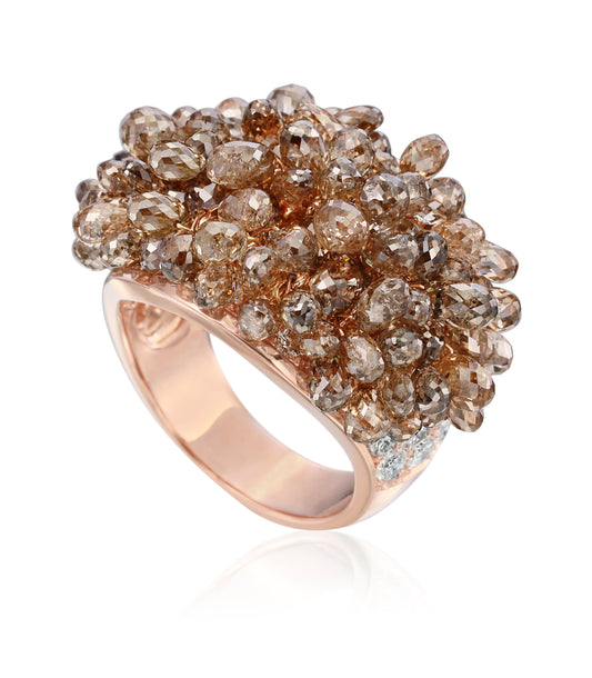 18K Rose Gold 42.18ct Brown Diamond Briolette Fringe Ring with 1.49ct Diamonds