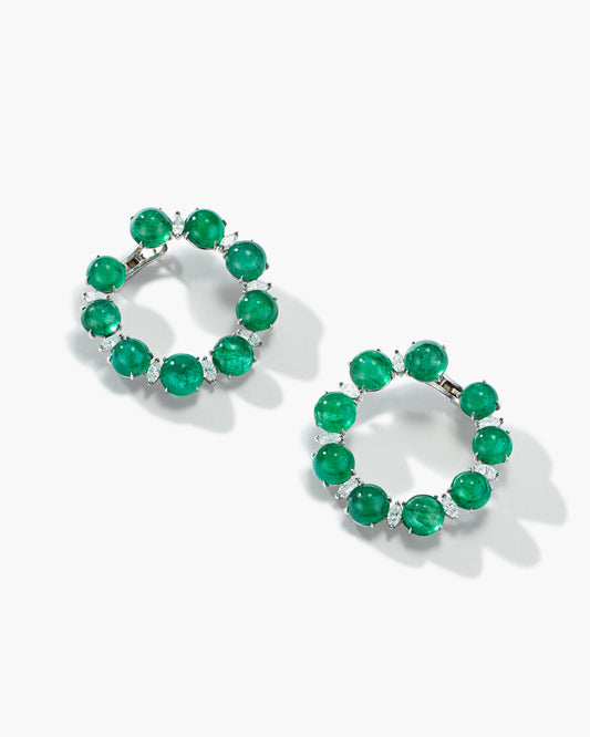 18K White Gold Emerald Cabochon and Marquise Diamond Earrings