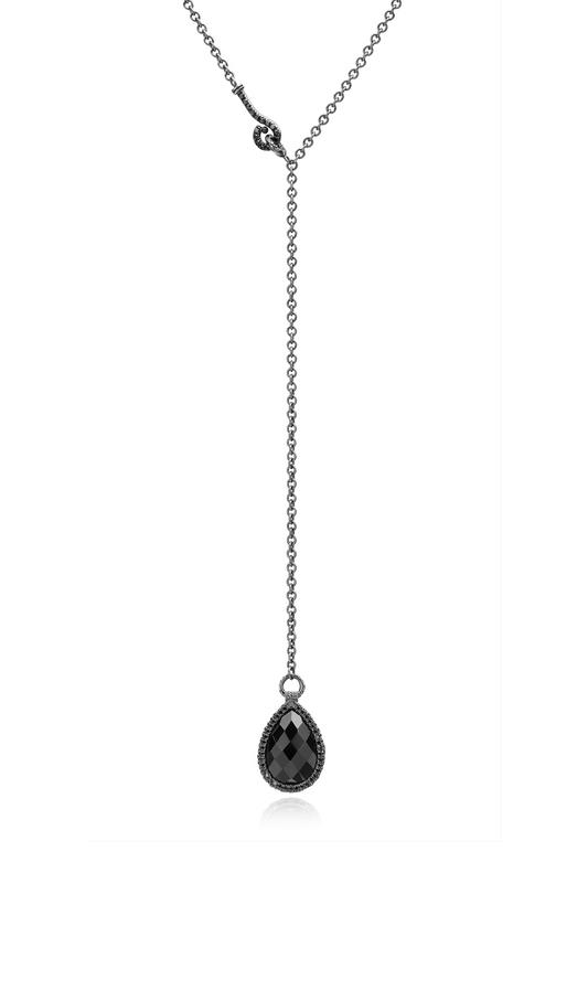 18K Blackened Gold 7.43ct Black Spinel Flip Lariat with 1.09cts Black Pavé Diamonds