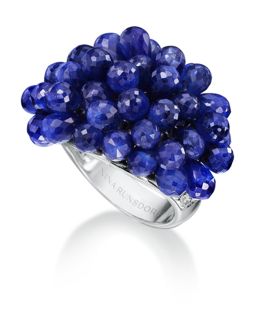 18K White Gold Blue Sapphire Bead Fringe Ring