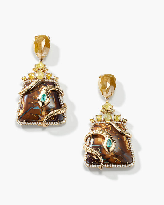 18K Yellow Gold Yahweh Opal Snake Earrings with Yellow Organic Diamonds and Pearshape Paraiba
