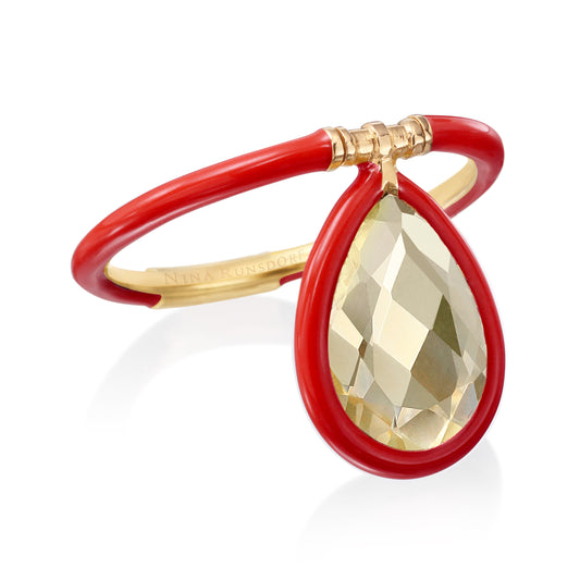 18K Yellow Gold 1.69ct Yellow Citrine Flip Ring in Red Enamel