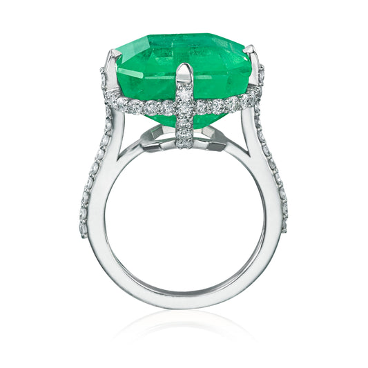 Platinum 15.87ct Colombian Emerald Ring with 1.19ct Pavé Diamonds