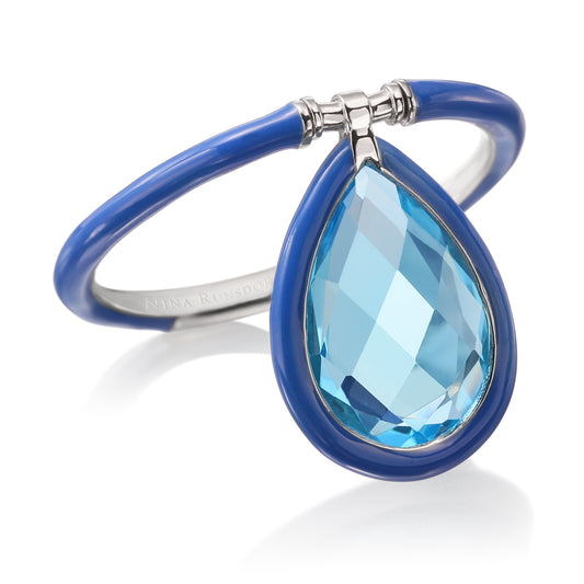 18K White Gold 2.60ct Swiss Blue Topaz Flip Ring in Blue Enamel