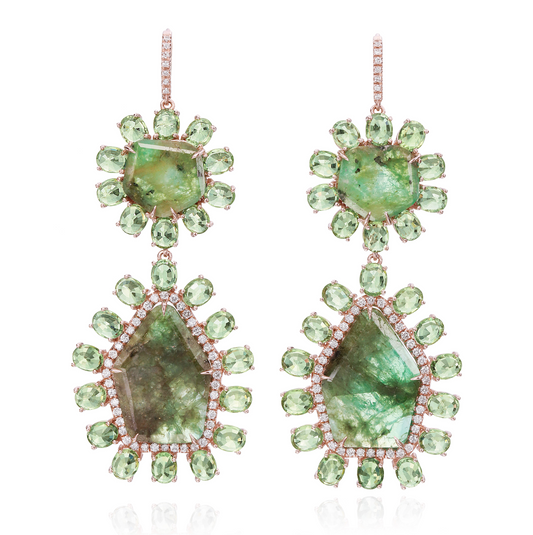 18K Rose Gold 22.72ct Emerald Slice and 20.87ct Army Green Sapphire Earrings with 0.82ct Pavé Diamonds
