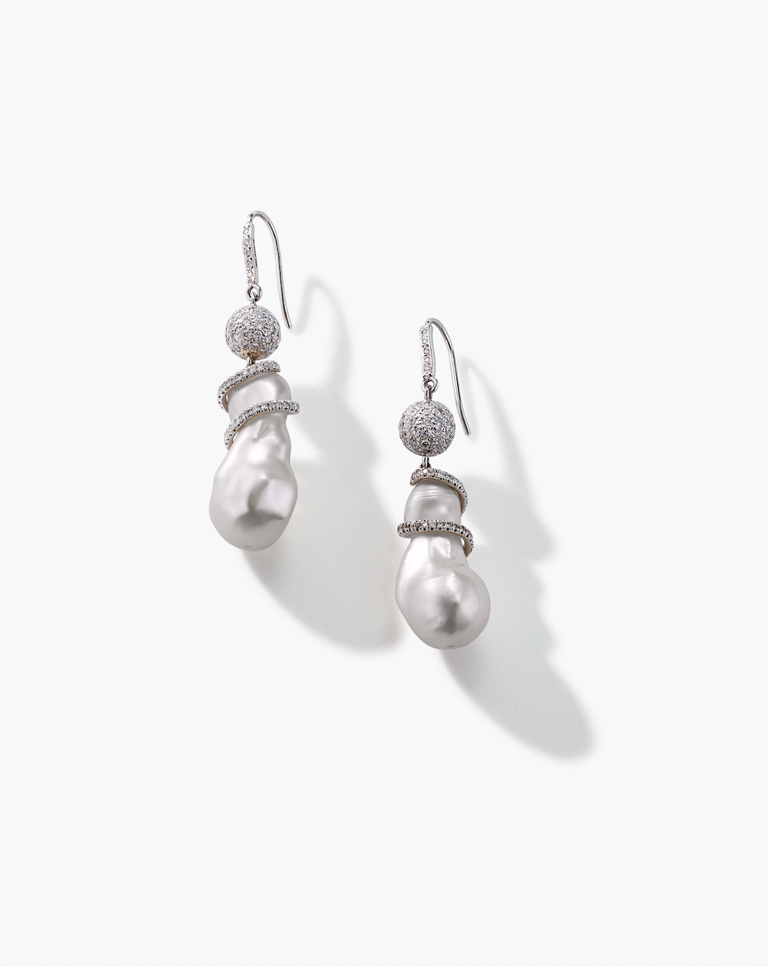 18K White Gold Baroque Pearl and Pavé Diamond Earrings