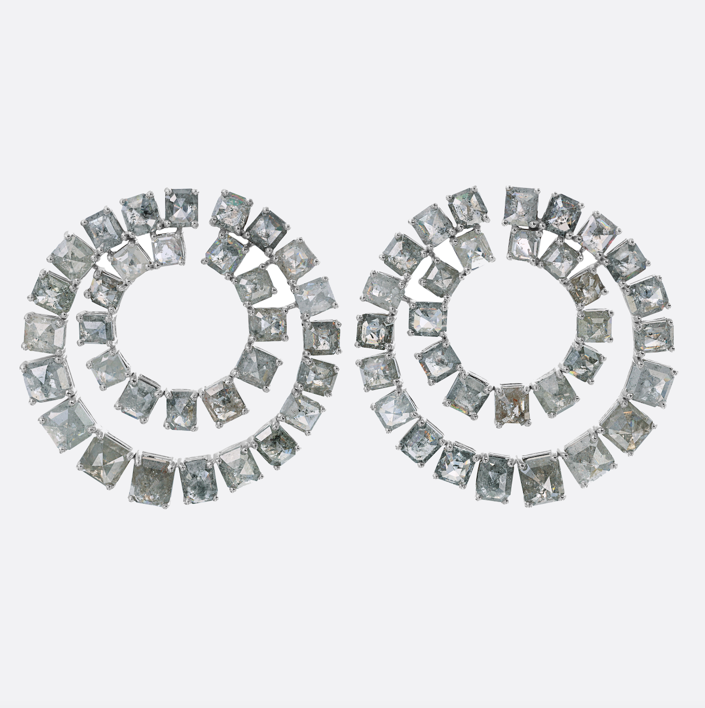 18K White Gold 36.46ct Grey Rough Diamond Double Spiral Earrings