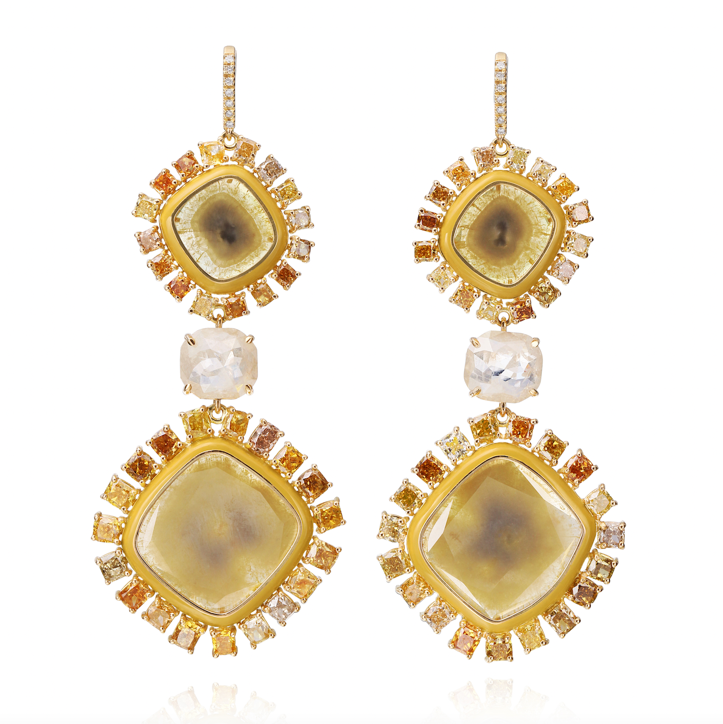 18K Yellow Gold 8.13ct and 2.64ct Yellow Slice Diamond with 13.41ct Fancy Diamond Earrings