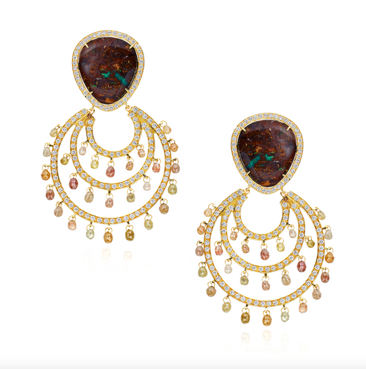 18K Rose Gold 27.60ct Yahwah Opal, 6.21ct Diamond Briolette, and 5.55ct Diamond Pavé Earrings