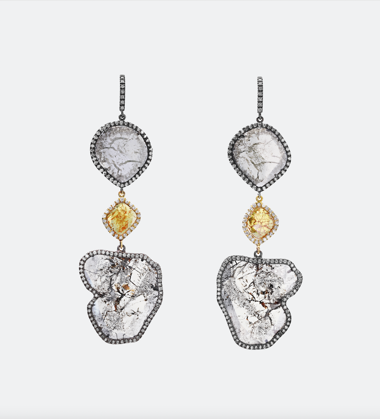 18K Yellow Gold Three Tier Grey Slice and Yellow Slice Earrings with Pavé Diamonds