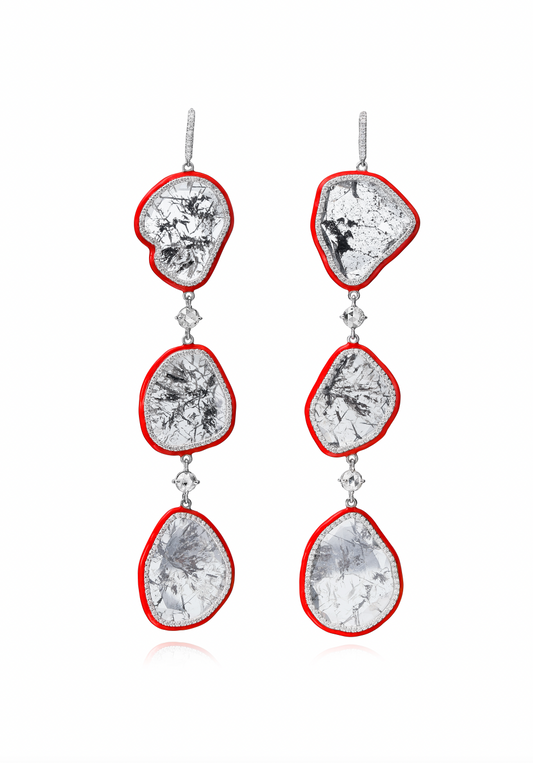 18K White Gold 18.87ct Slice Diamond Earrings with 0.85ct Rosecut Diamonds and Red Enamel