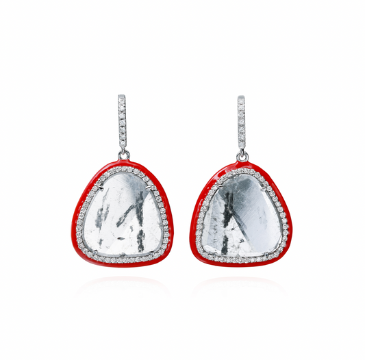 18K White Gold 4.10ct Slice Diamond Single Drop Earrings with 0.44cts Pavé Diamonds and Red Enamel