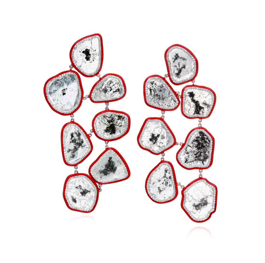 18K White Gold 26.57ct Slice Diamond Fan Earrings with 2.16cts Pavé Diamonds and Red Enamel