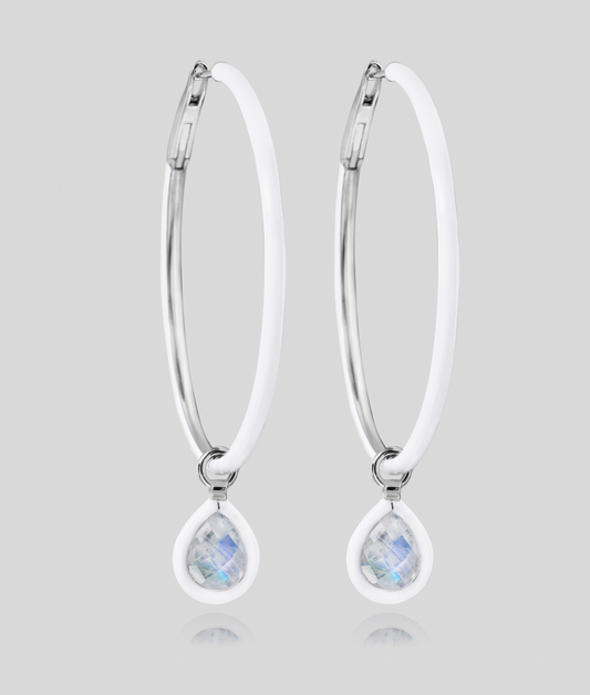 18K White Gold Medium White Enamel Hoop Earrings with Two Mini Moonstone Flip Charms in White Enamel