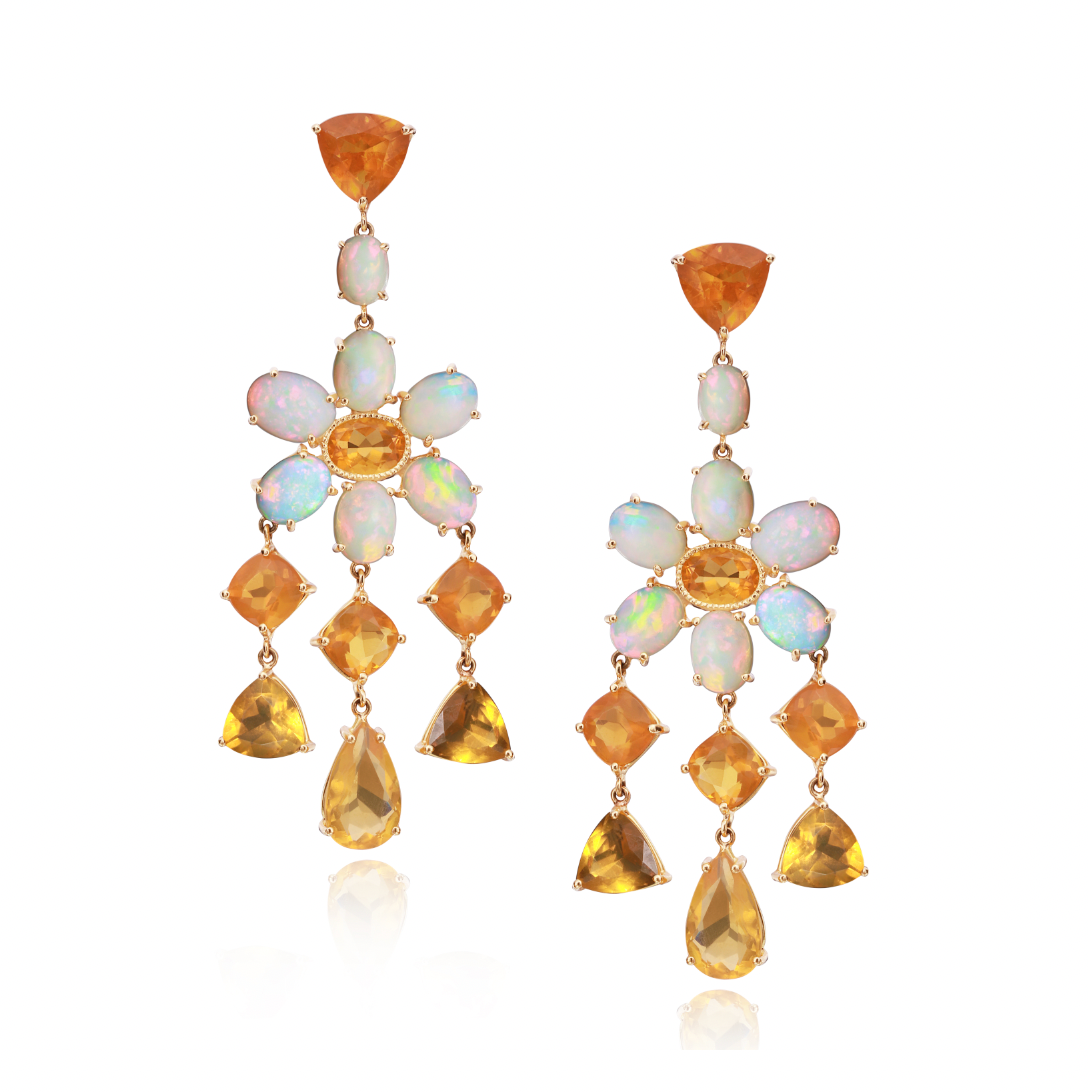 18K Yellow Gold 22.53ct Mixshape Mexican Fire Opals and 6.8ct Crystal Opal Earrings